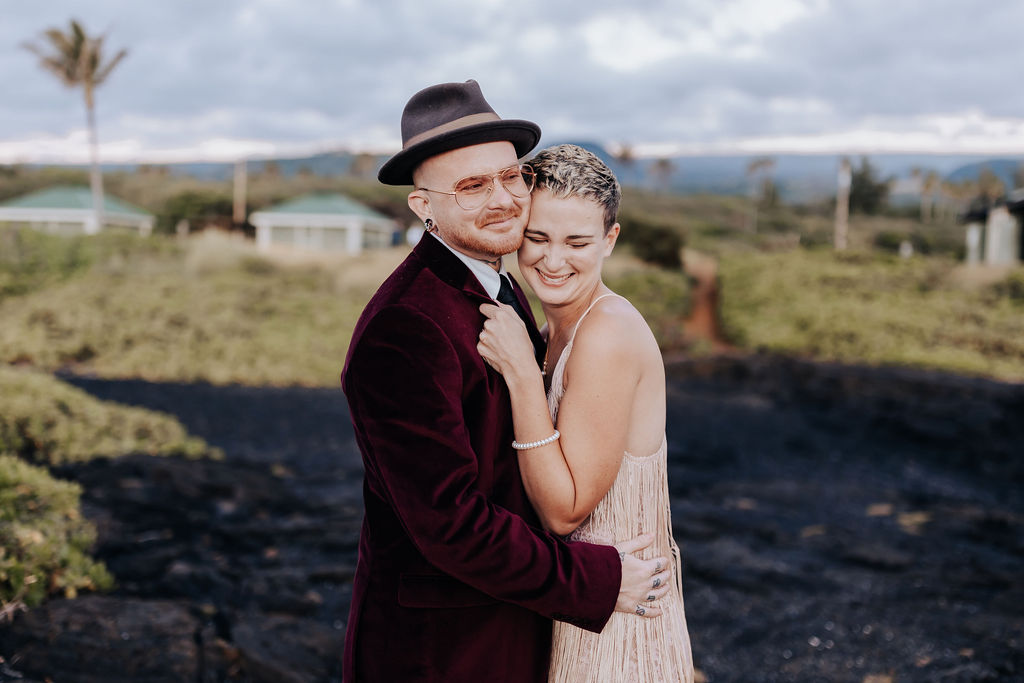 Big Island elopement photographer captures couple celebrating elopement before heading to best eats on the Big Island