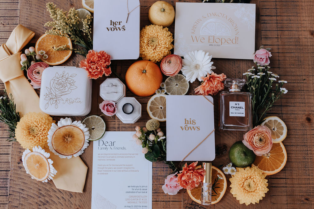 Nashville elopement photographer captures wedding details with citrus and wedding invitations