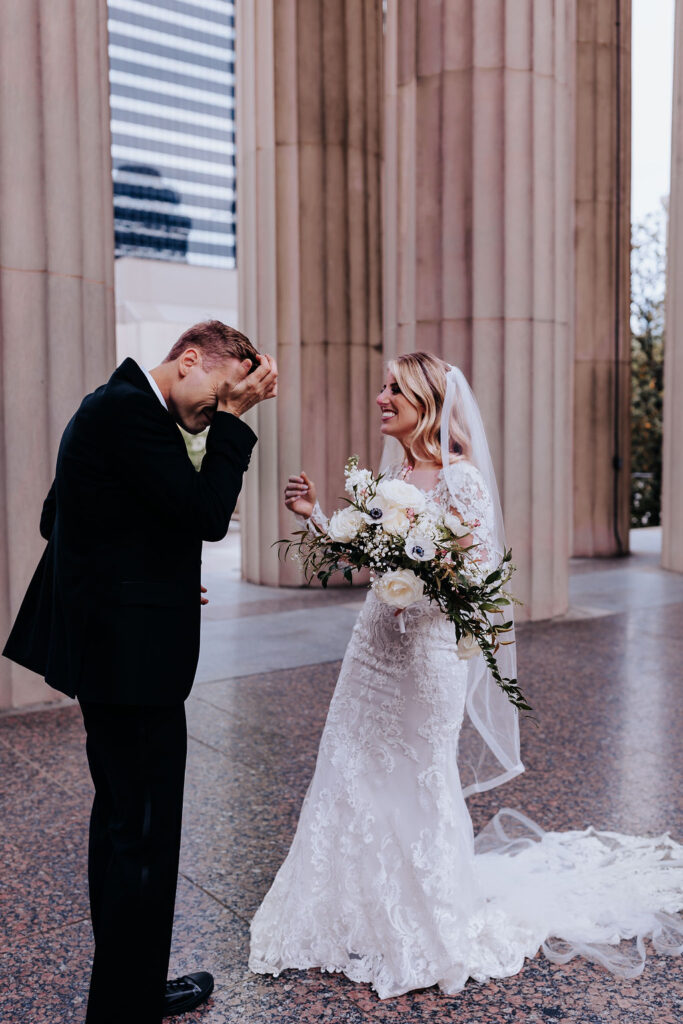 Nashville elopement photographer captures bride and groom seeing one another for first time on wedding day