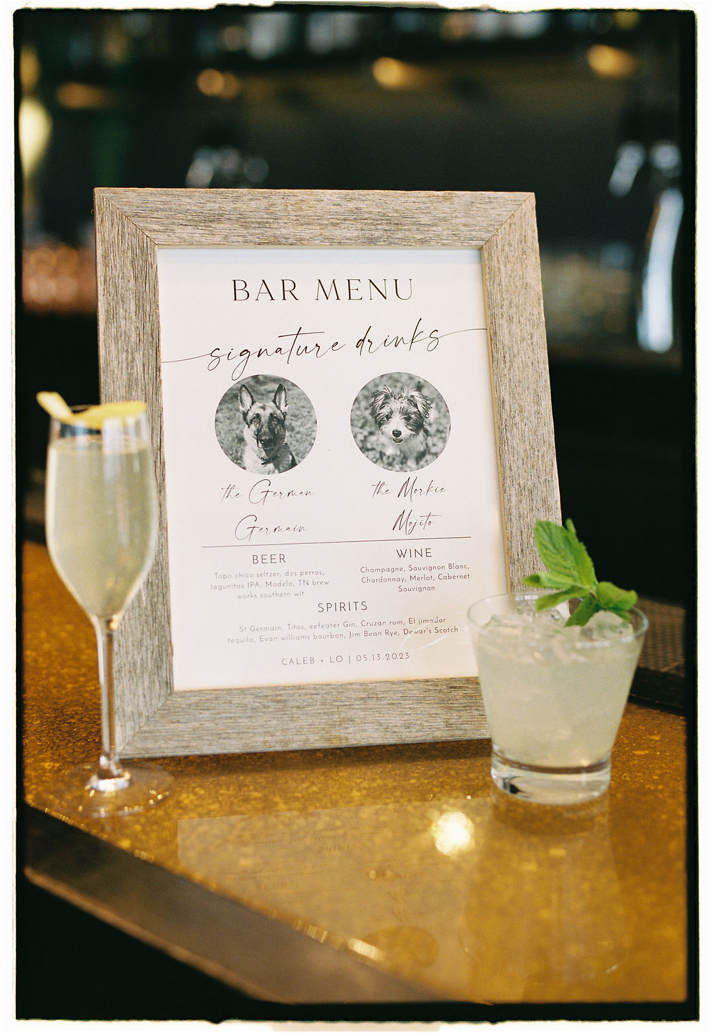 Nashville elopement photographer captures signature drinks of pets at Nashville wedding