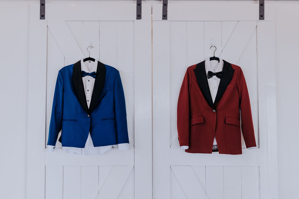 Nashville elopement photographer captures blue and burgundy suit jackets
