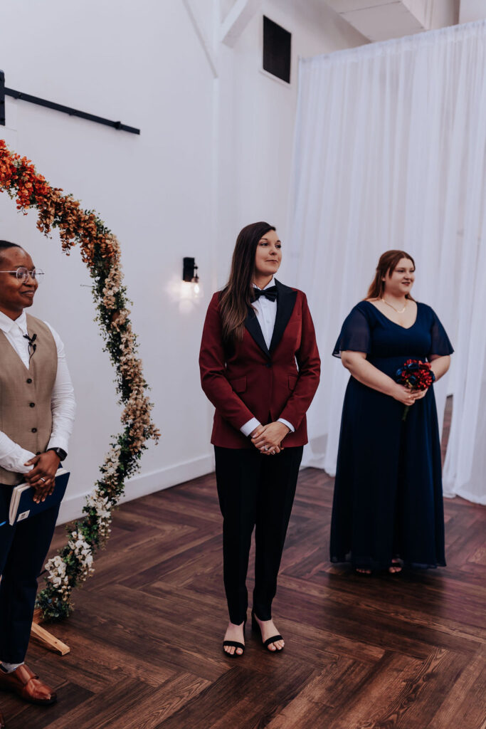 Nashville elopement photographer captures bride standing at alter waiting for her bride to walk to her