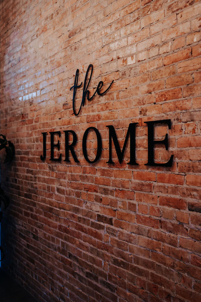Minneapolis wedding photographer captures 'the jerome' sign inside of the Jerome Event Center