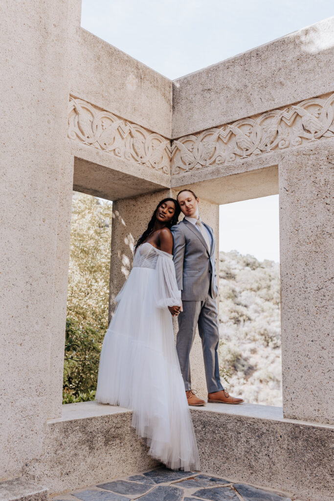 Destination elopement photographer captures bride and groom back to back after Catalina Island elopement