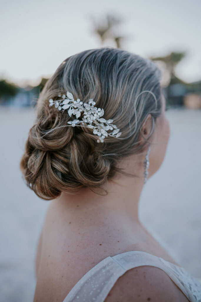 Destination wedding photographer captures bridal hairstyle 