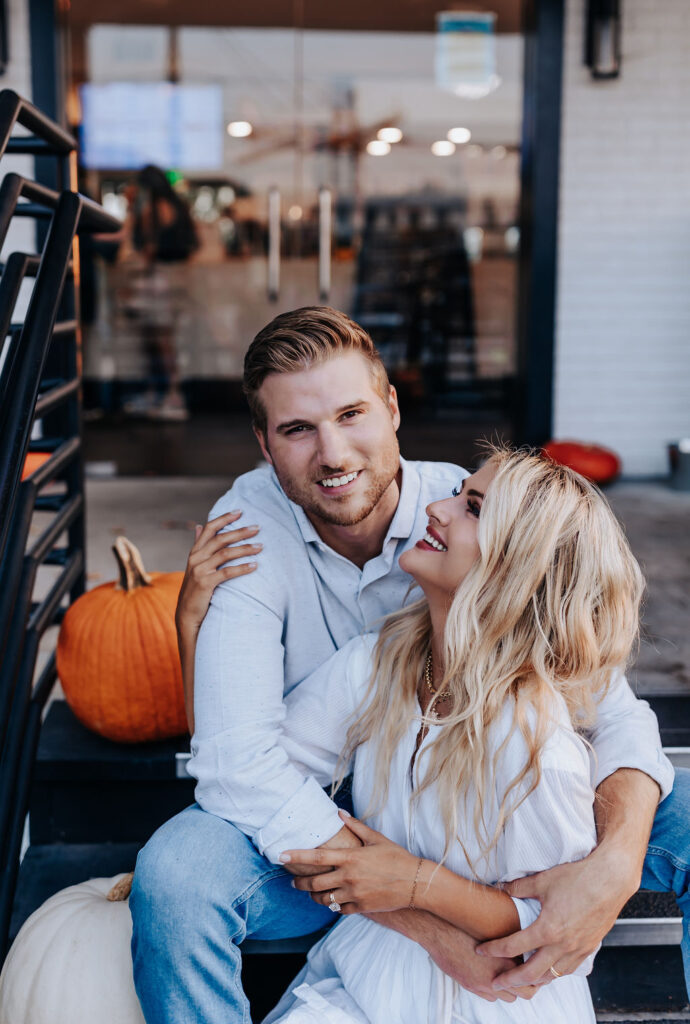 Nashville Engagement Photographer captures woman looking up at man and smiling 