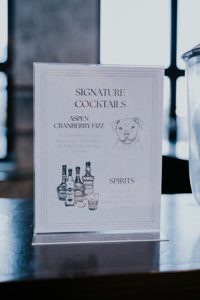 Nashville Wedding Photographer captures wedding signage of signature drinks at cocktail hour