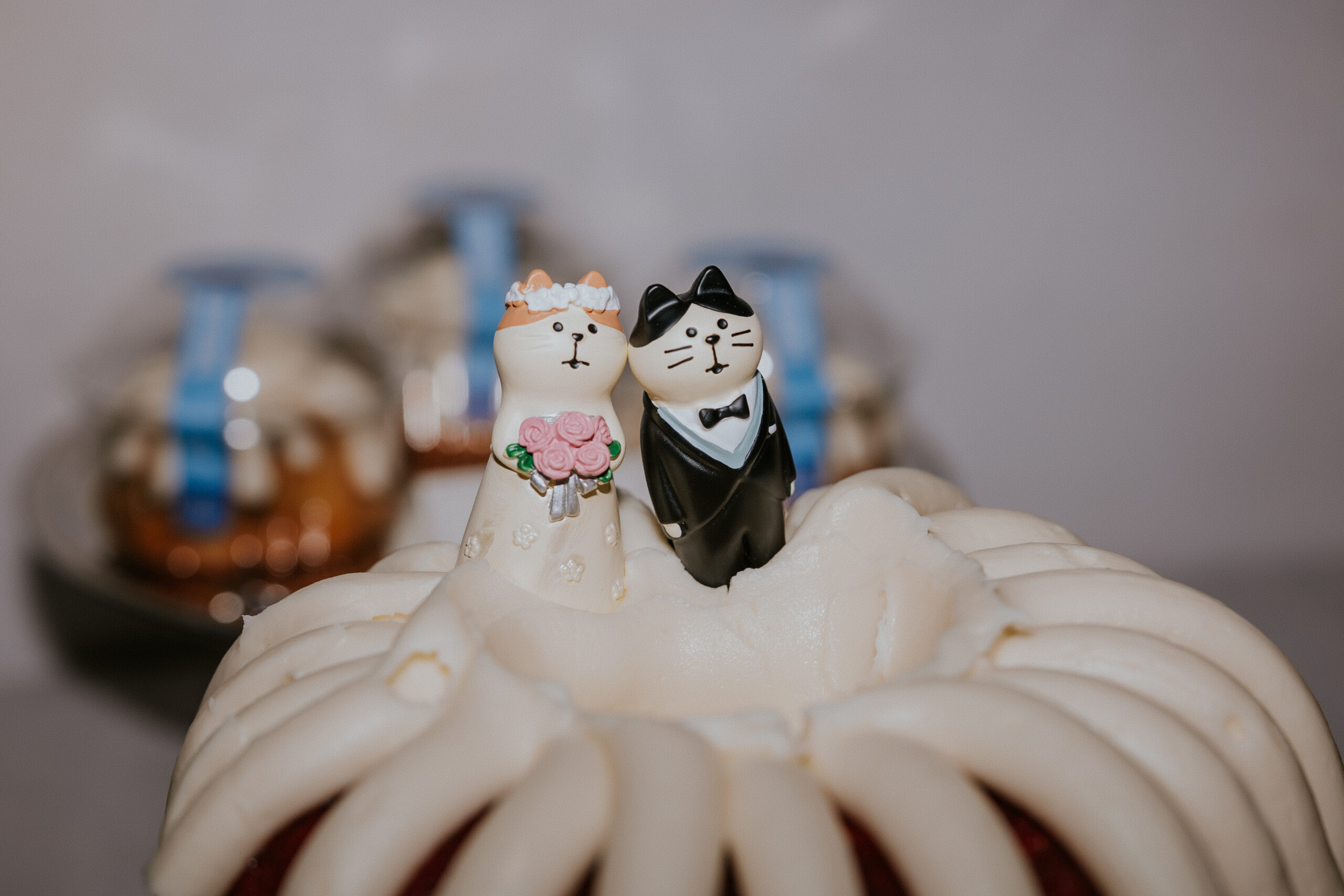 Close-up of adorable bride and groom cat cake toppers resting atop a white-frosted bundt cake.